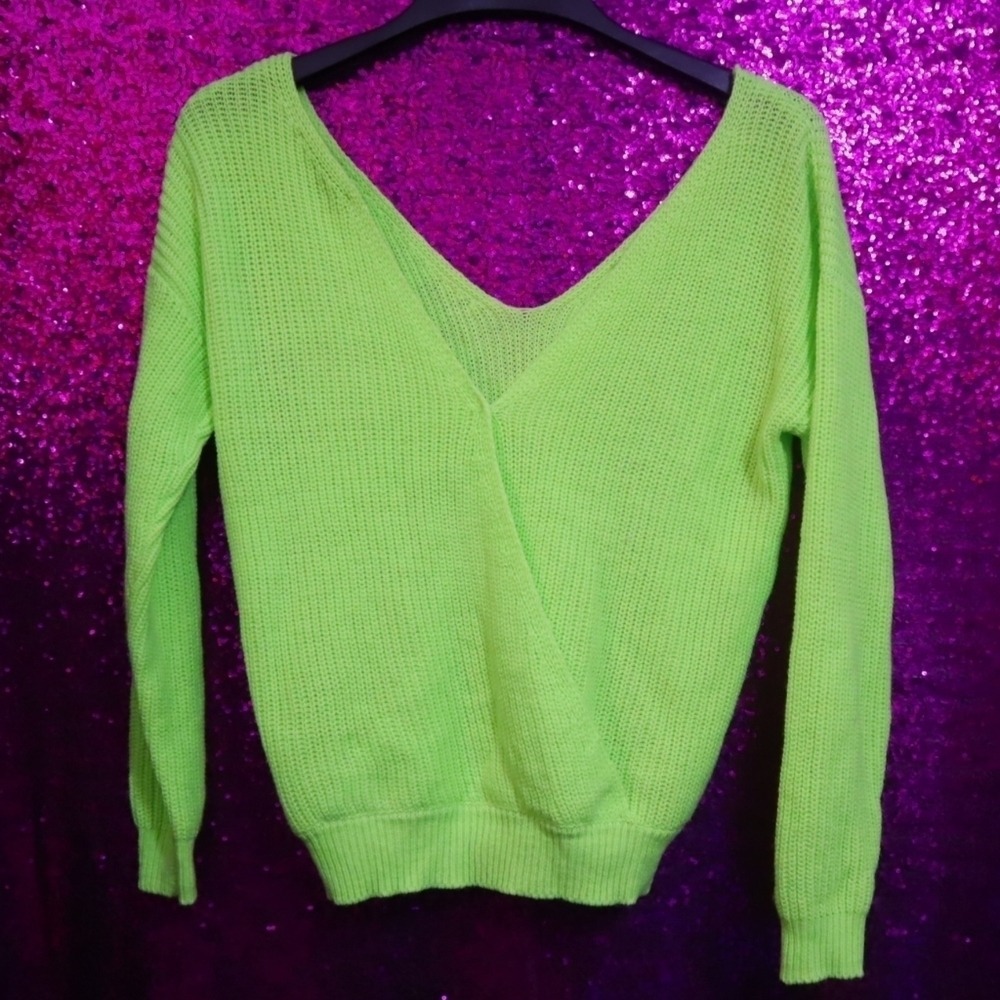 Lulus Neon Green Reversible V-Neck Surplice Wrap Knit Sweater XS Spring St. Pats - Picture 9 of 10